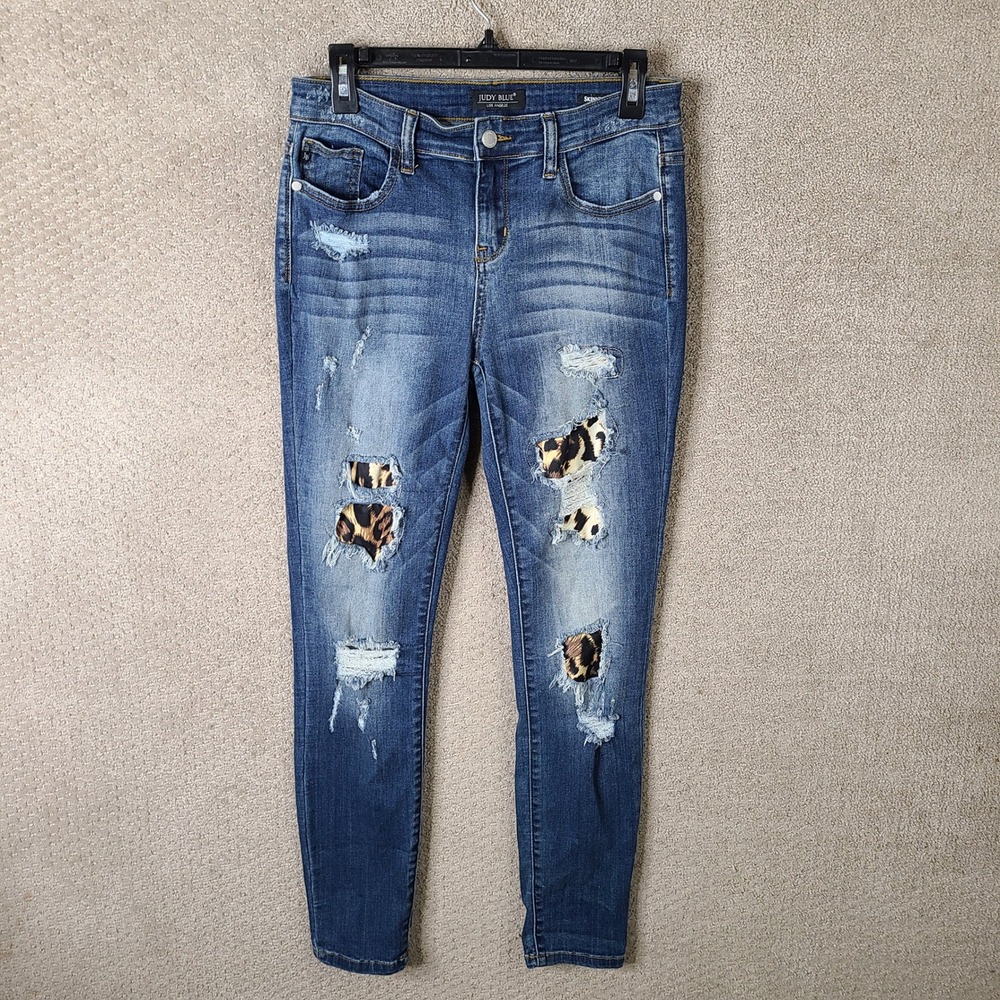 Judy Blue Jeans‎ Womens 9/29 Blue Leopard Skinny Fit Distressed Denim Dark Wash